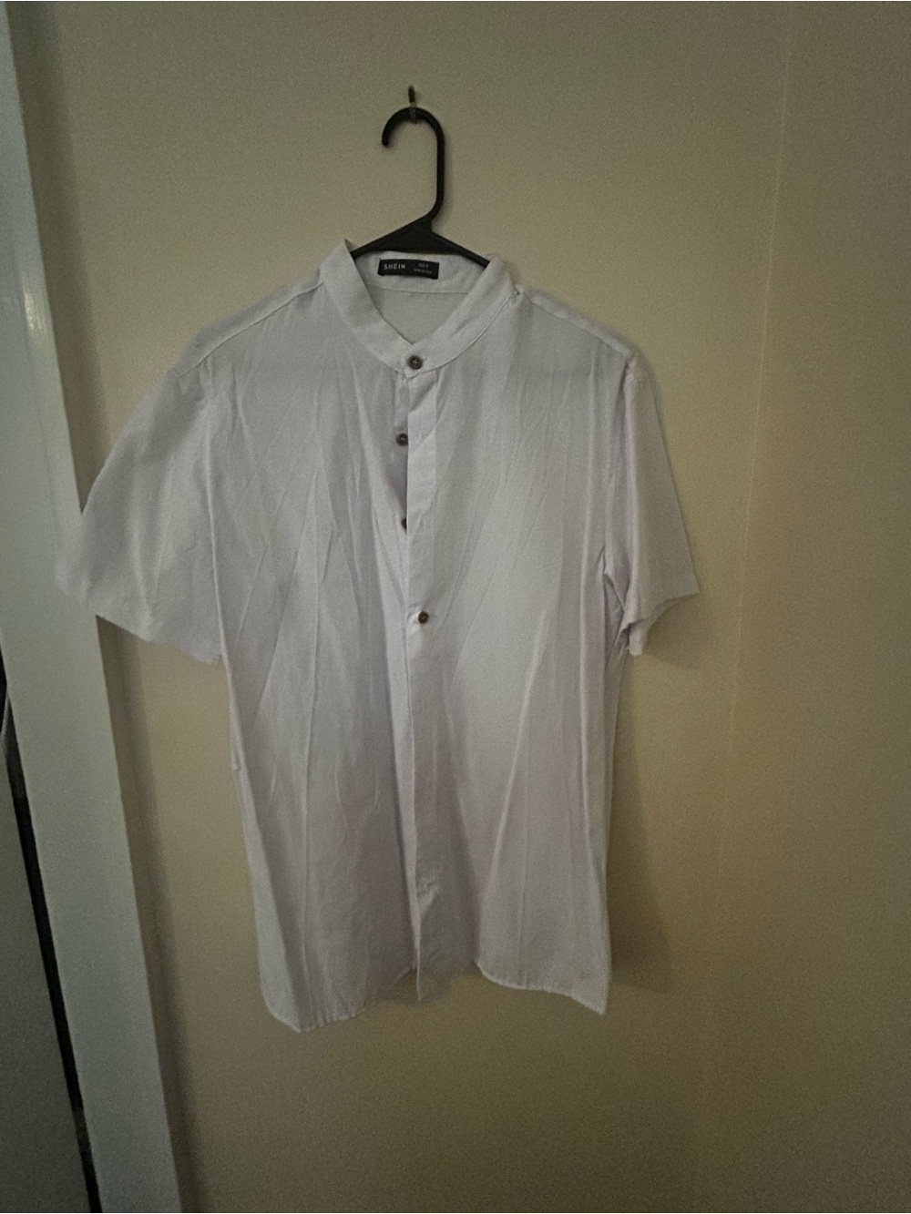 Zara White Short-Sleeve Band Collar Button-Up Shirt